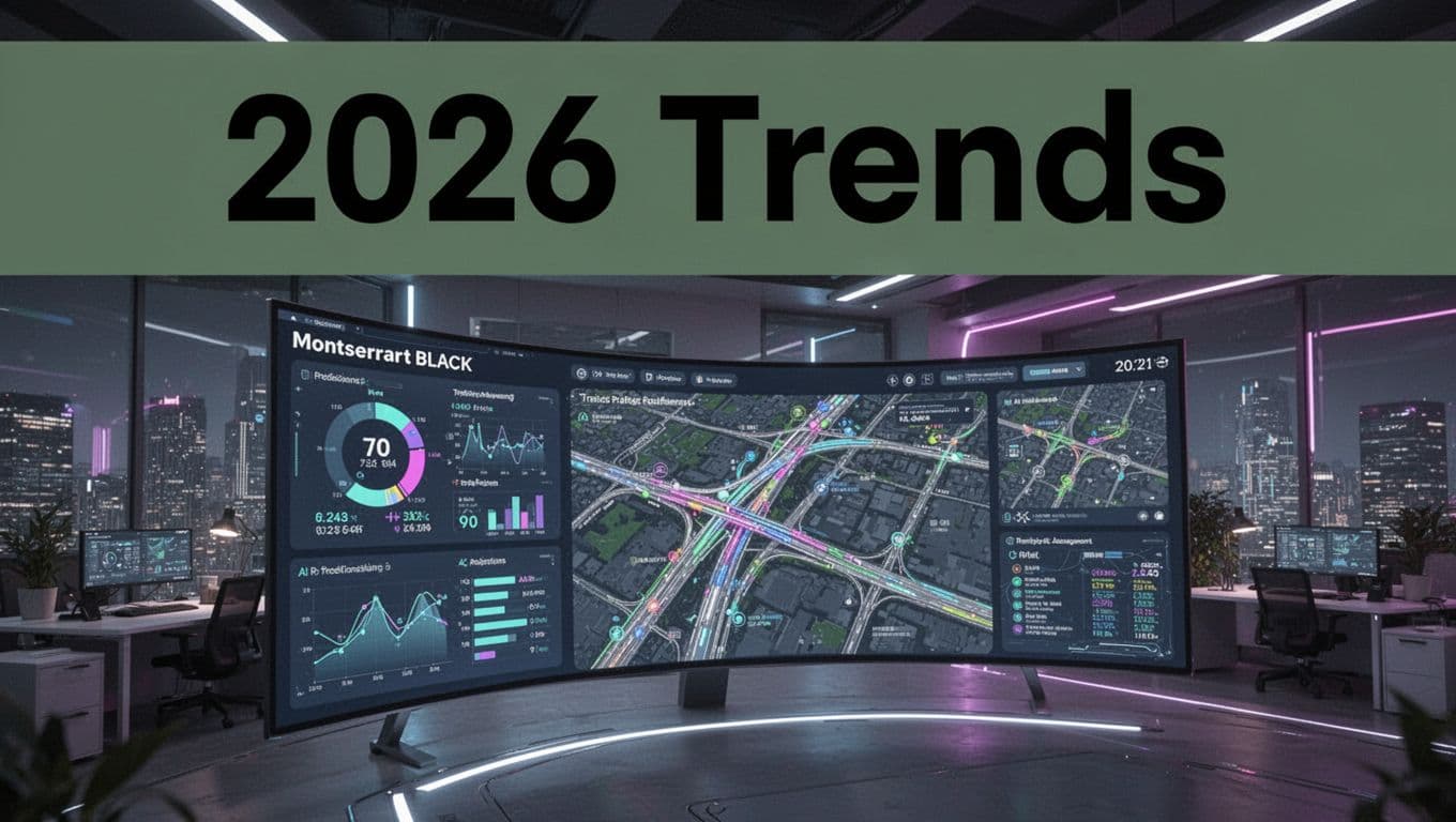 Bold '2026 Trends' headline on a muted dark-green band atop a semi-realistic digital art image of a curved-screen dashboard in a high-tech office, displaying AI predictions, maps, and neon accents for traffic management.