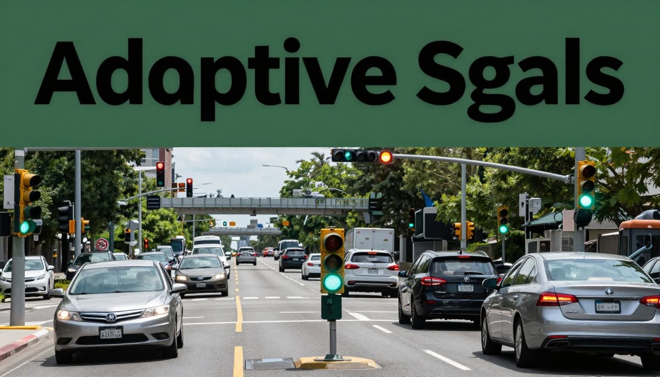 Busy daytime urban intersection with adaptive traffic signals glowing green for smooth flow, inductive loop sensors in the road, and highway on-ramp metering lights turning green for merging cars. Realistic vibrant photo with motion blur on vehicles and one relaxed driver visible.