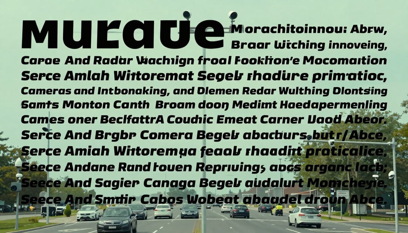 Photorealistic aerial view of a smart intersection with high-mounted video cameras, radar domes, and LiDAR scanners overlooking vehicles approaching from multiple directions in clear weather, no people, emphasizing overhead sensors.