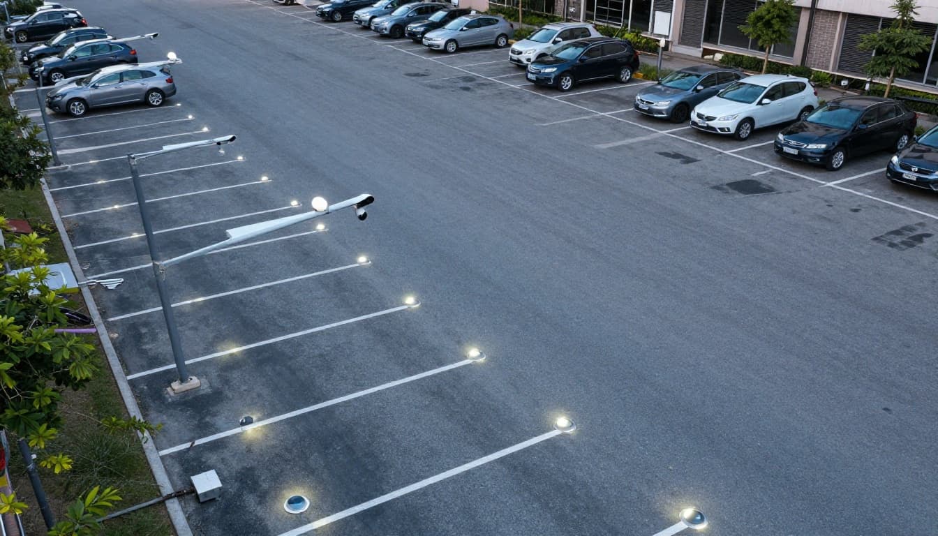 Aerial view of an urban parking lot featuring embedded ground sensors glowing under asphalt and overhead ANPR cameras on poles, with few cars and empty spots visible in sunny daytime weather.