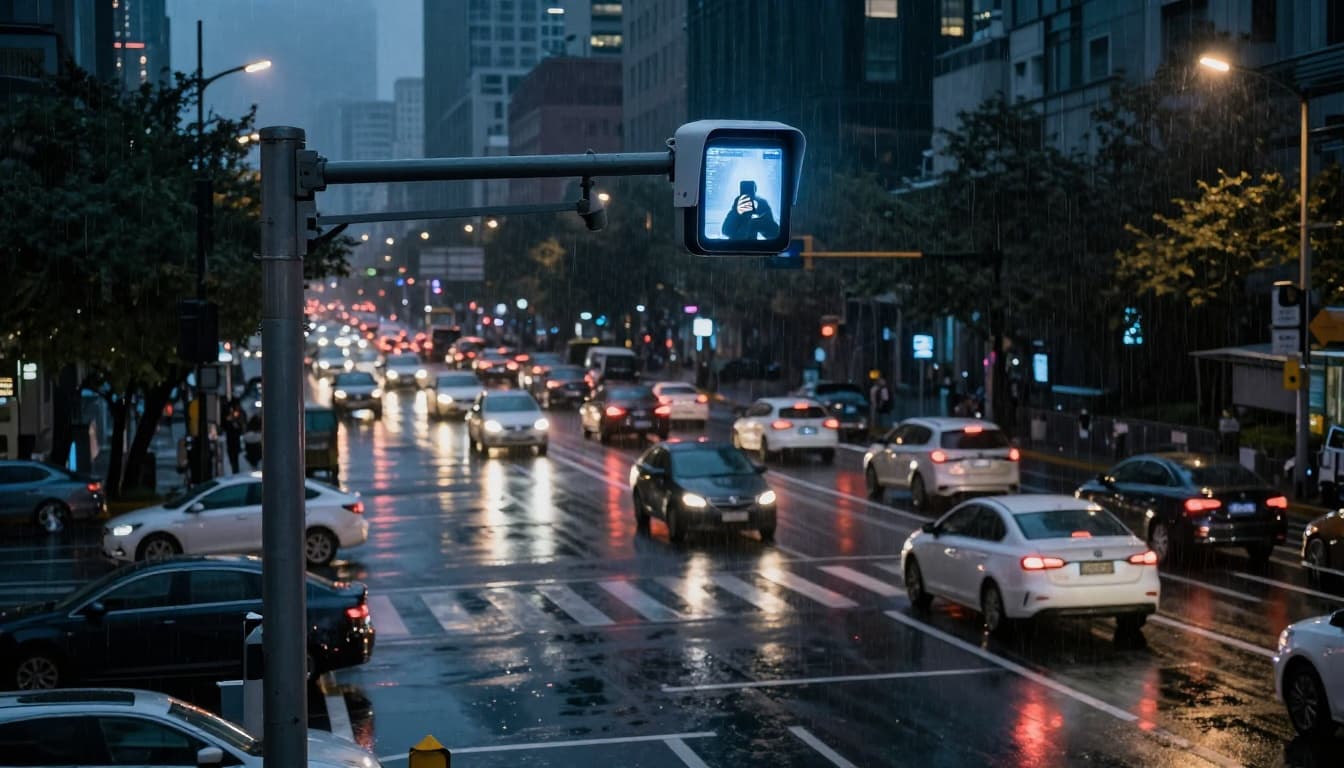 Busy urban intersection at night in rain with AI-powered traffic camera on pole analyzing vehicles below, detecting speeders, phone use, and license plates, viewed from ground level looking up with dramatic wet reflections and neon glow.