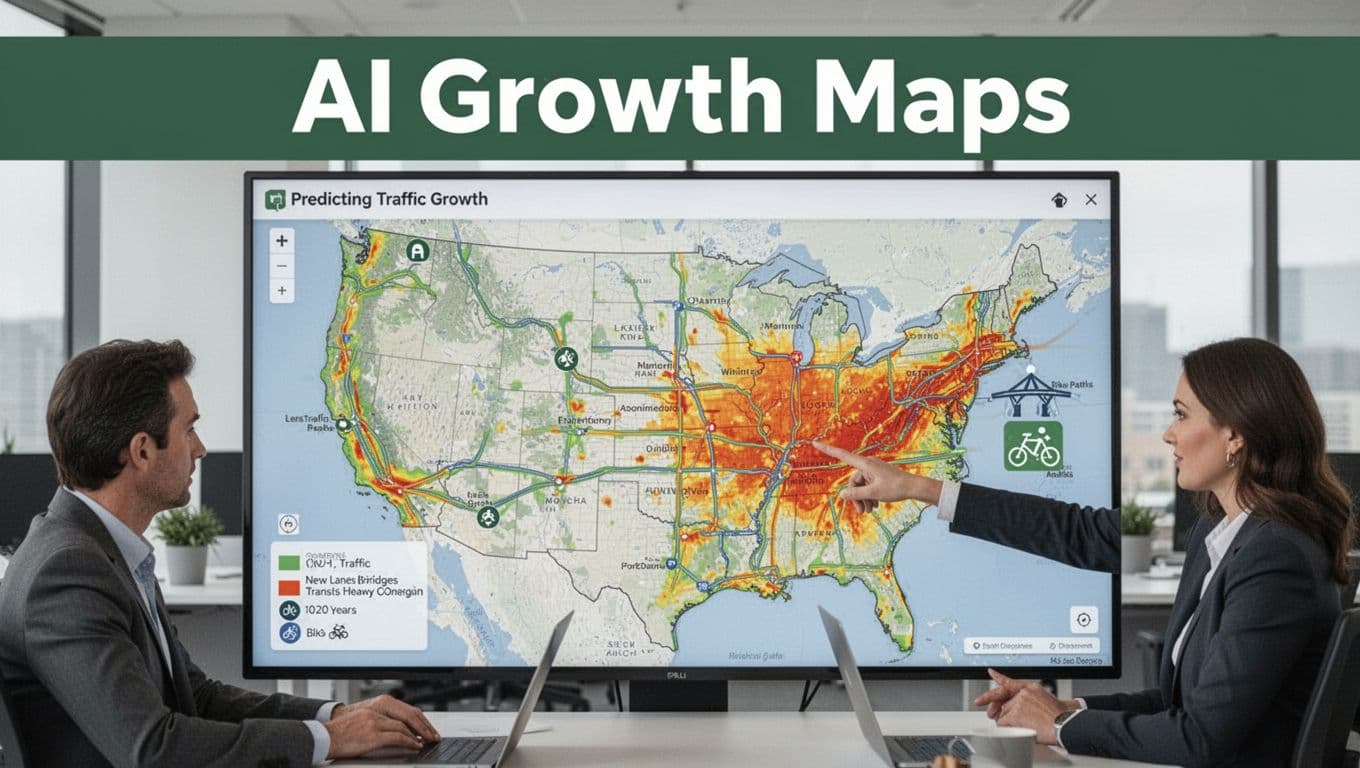 Interactive GIS map on a large screen shows AI overlays predicting US city traffic density growth over 10-20 years, with heatmaps transitioning to future congestion hotspots and icons for new infrastructure. Modern office scene with one analyst pointing at the screen, topped by a dark-green band with bold 'AI Growth Maps' headline.
