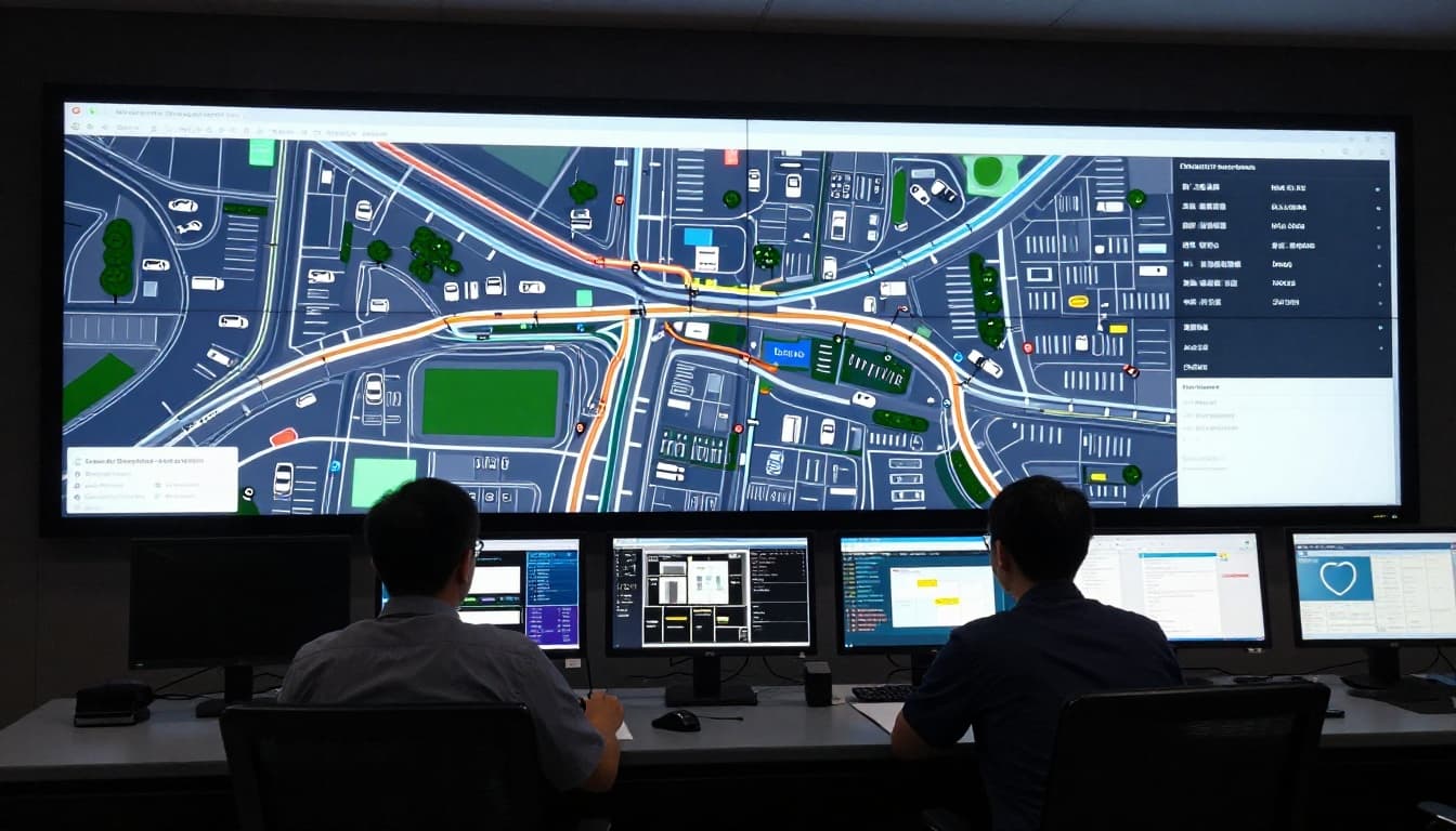 Modern traffic control room featuring large screens displaying abstract maps of traffic flow and parking availability, with two operators collaborating at consoles under dim lighting highlighted by screen glow.
