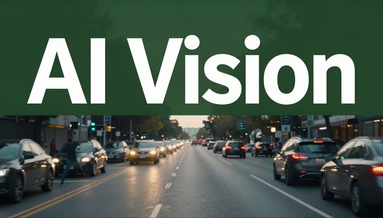 Forward-facing AI car camera view on a busy urban road at dusk detects a pedestrian crossing and stopped vehicle ahead with subtle neural network highlights in realistic dashcam style featuring wet road reflections and soft evening light. Bold 'AI Vision' headline in clean sans-serif typography on a muted dark-green band occupies the top 20% of the image.