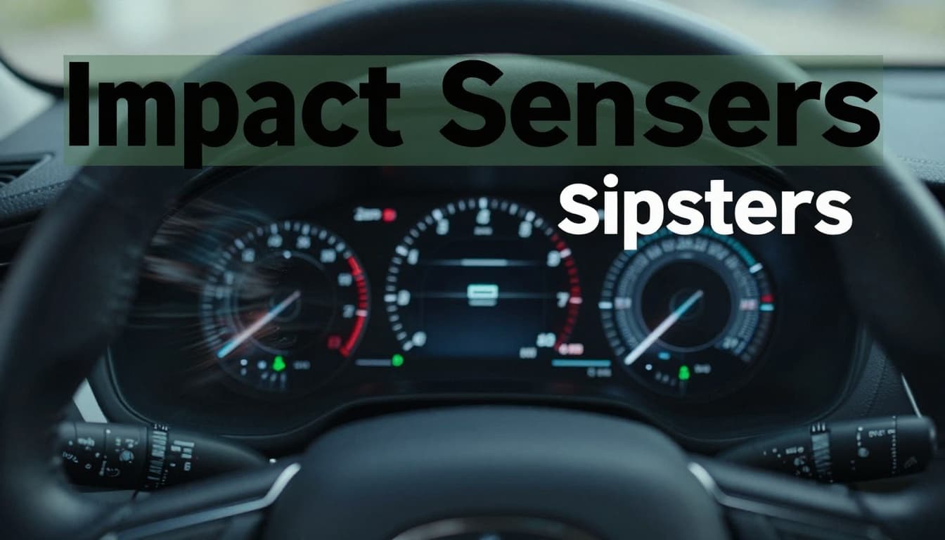 Modern car dashboard interior sensing sudden crash impact with accelerometers and gyroscopes activating through subtle glowing indicators on the console, featuring motion blur from deceleration and dramatic glow lighting in muted blue-gray tones.