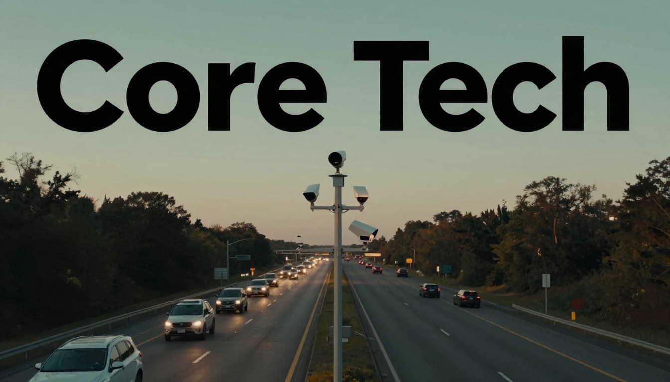 Multi-lane US highway at dusk with surveillance cameras, ANPR devices, radar sensors, and thermal cams on tall poles and gantries overlooking traffic, focal tech cluster in foreground, 'Core Tech' headline in bold sans-serif on muted dark-green band.