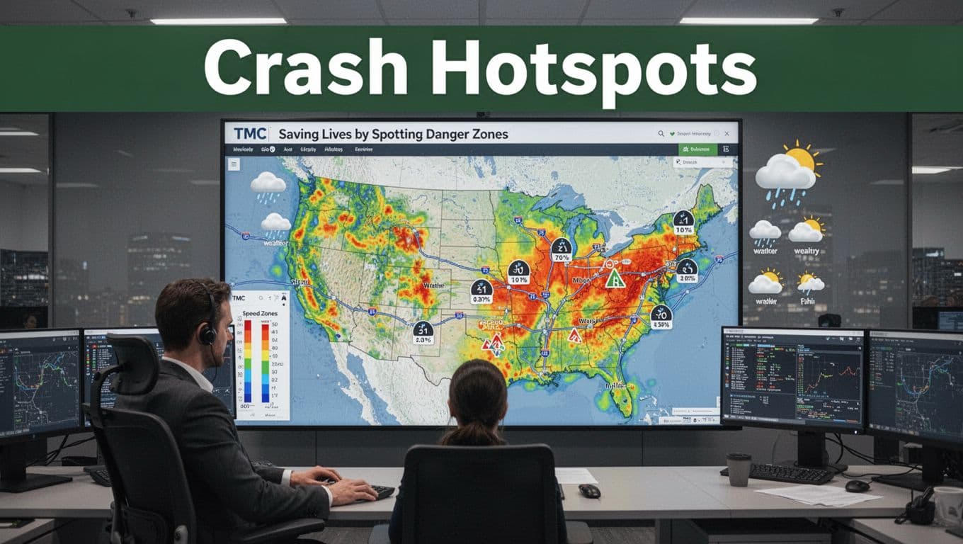 GIS screen in modern TMC control room showing colorful heatmap overlays of crash data, speed zones, and weather icons on US highway map, with one analyst seated in foreground.