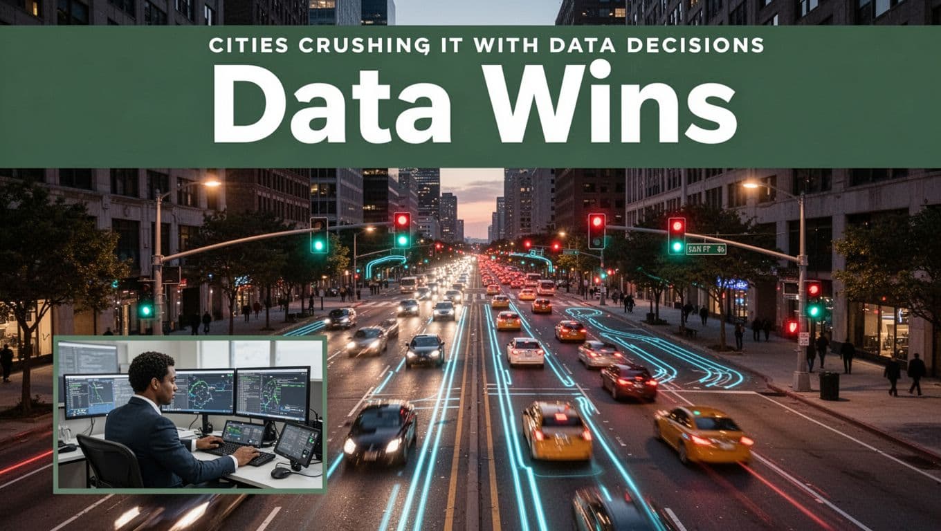Bold branded editorial illustration with a muted dark-green top band featuring 'Data Wins' headline, below which is a vibrant US city street at dusk showing smooth traffic under AI adaptive signals, glowing inductive loops, and a foreground TMC operator dashboard.