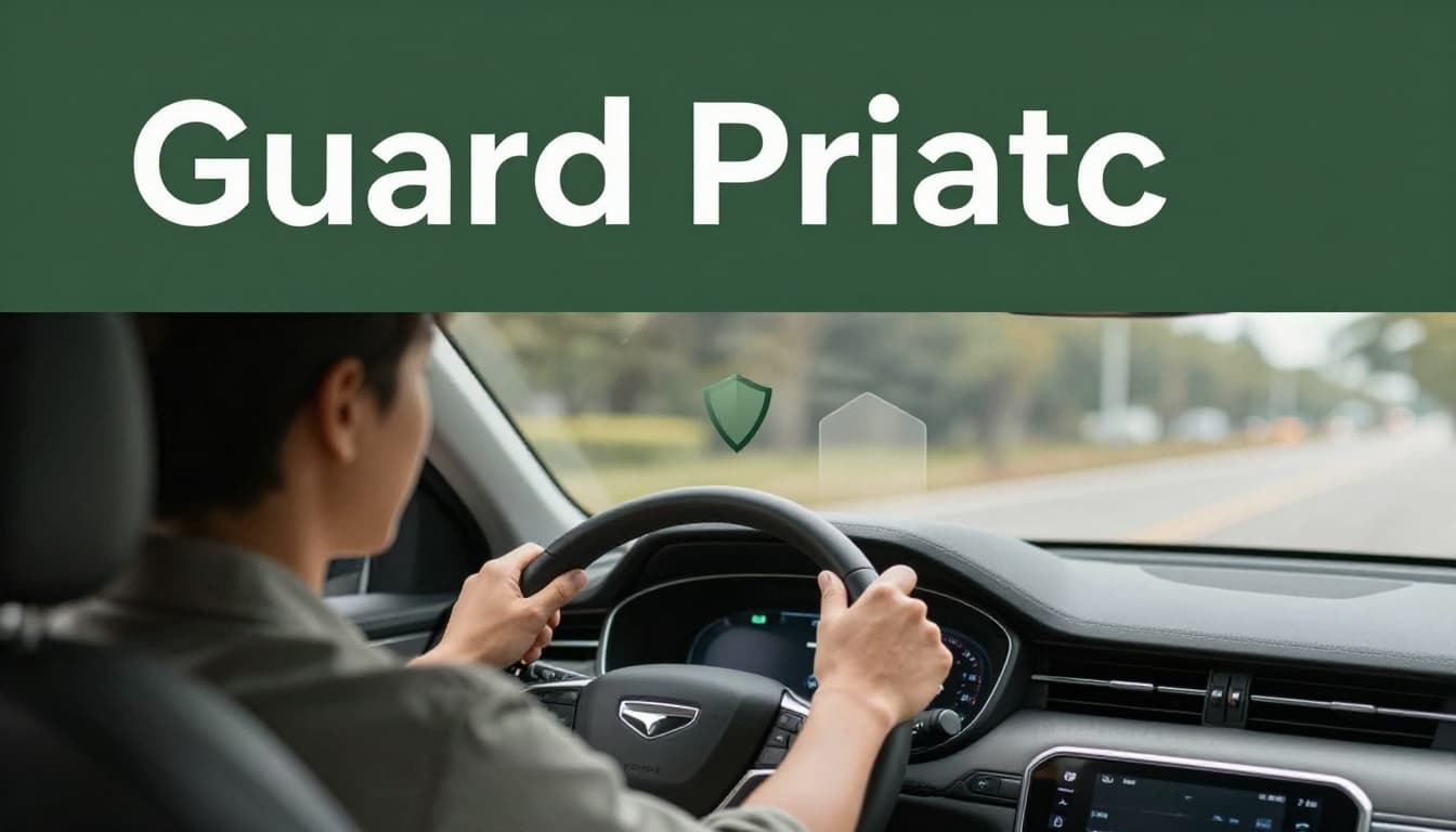 Side view of a driver in a car interior adjusting dashboard settings overlaid with a privacy shield icon, blurred road ahead, relaxed hands on wheel, realistic photo with warm lighting and bold 'Guard Privacy' headline on dark-green band.