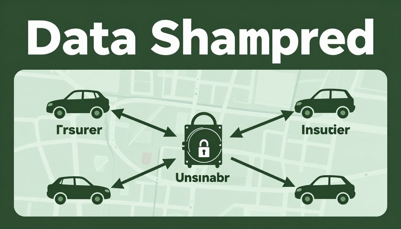 Stylized vector illustration of data flow from three car icons to insurer and broker symbols on a city map background, featuring a central locked data vault opening with radiating arrows. Bold branded editorial style with 'Data Shared' headline on a muted dark-green top band, high contrast muted tones, no people or extra text.