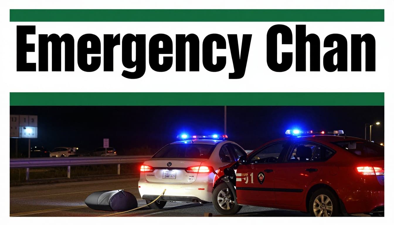 Photorealistic nighttime roadside car crash scene with deployed airbag in foreground, dashboard interface automatically dialing 911 with GPS map location pinned, flashing hazard lights and blue emergency tones, bold 'Emergency Chain' headline on dark-green band at top.