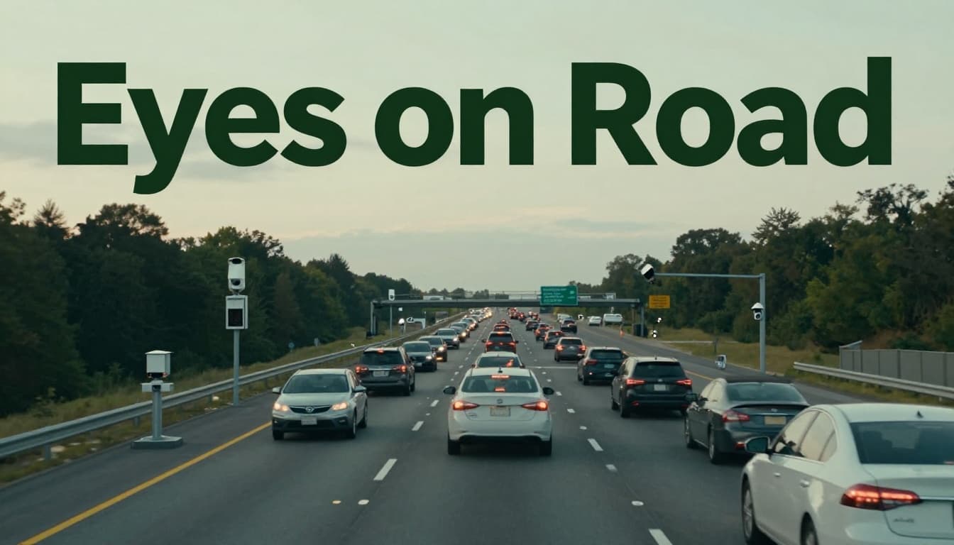 Bold branded editorial illustration of highway sensors including inductive loops and overhead cameras monitoring traffic flow on a busy US interstate at dusk.