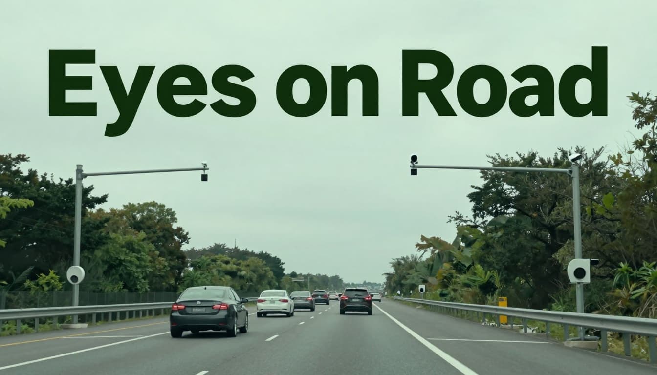 Bold editorial style image with 'Eyes on Road' headline on a dark-green band atop a realistic daytime highway scene featuring roadside sensors like loop detectors, radar, lidar, and cameras monitoring moving cars in moderate traffic, no people present.
