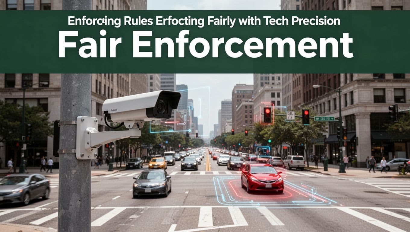 Bold editorial illustration with 'Fair Enforcement' headline and modern AI traffic camera on pole overlooking busy urban intersection, detecting red-light runner with subtle edge processing indicators.