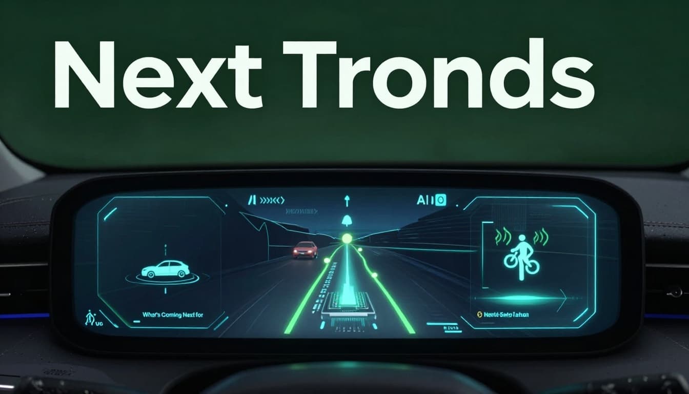 Futuristic holographic car dashboard projecting multimodal routes with car, bike, and transit icons, AI prediction waves, and glowing edge computing chip in a high-tech vehicle interior at night.