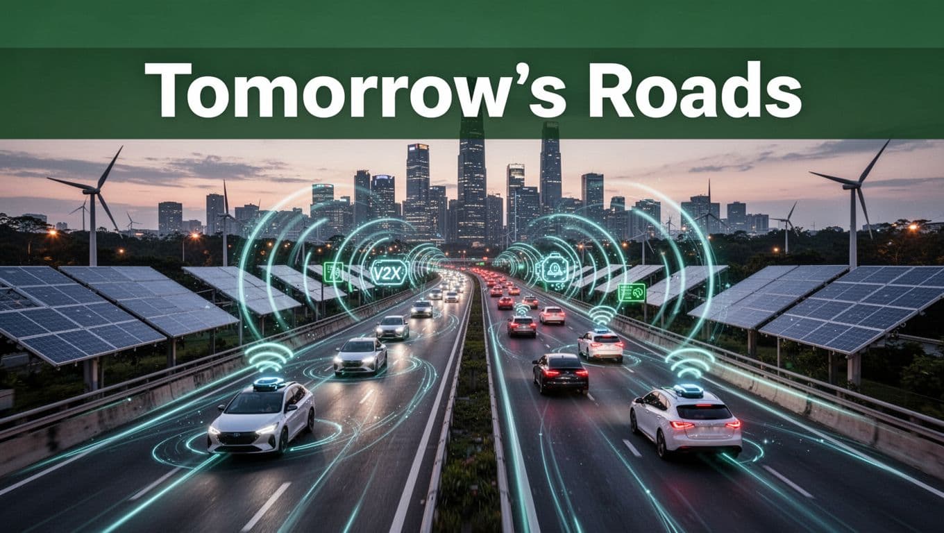 Futuristic smart highway at dusk with connected autonomous vehicles communicating via V2X waves, AI data flows, green energy solar panels along the road, and a distant integrated smart city skyline.