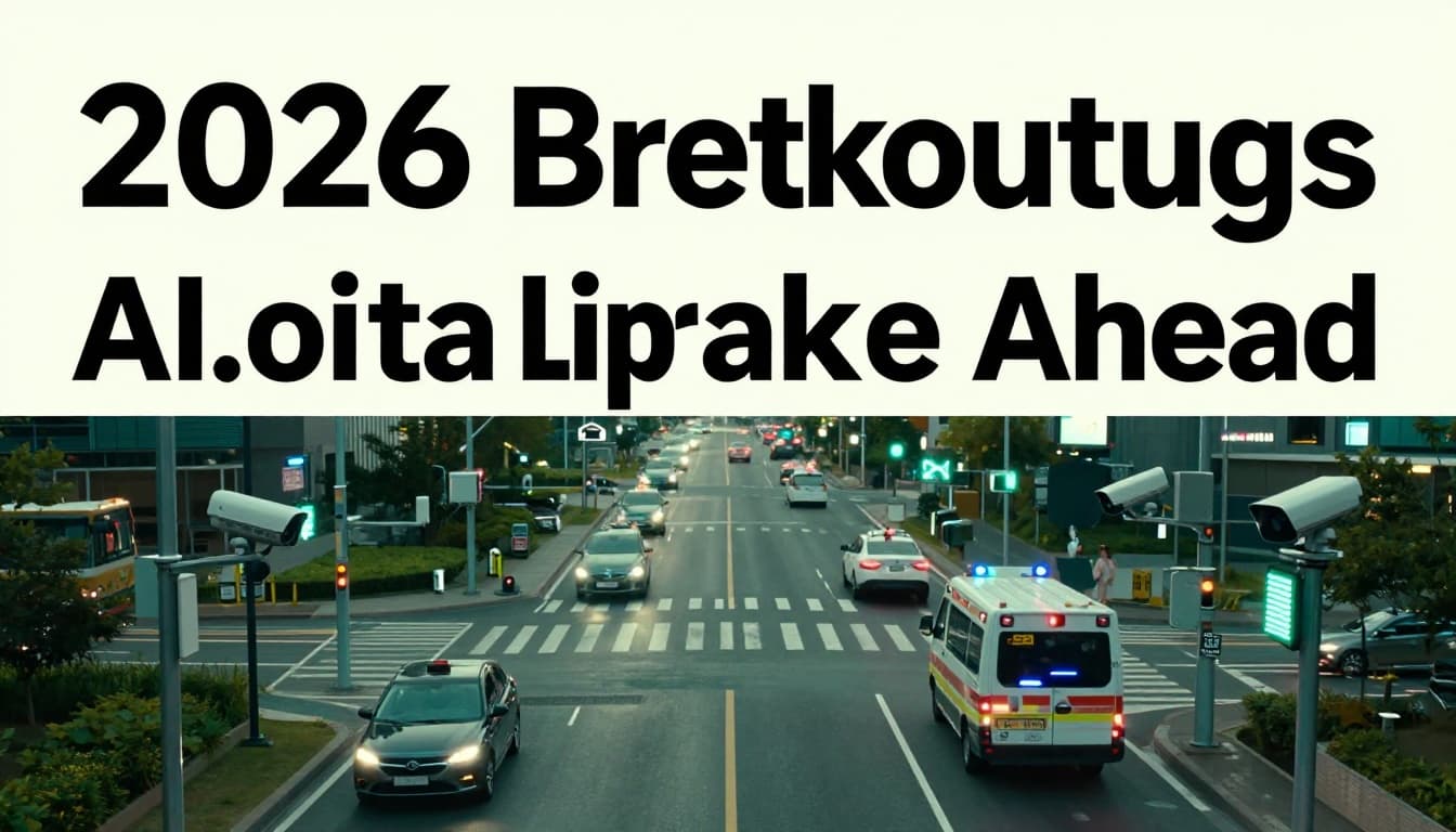 Sci-fi realistic evening scene of a futuristic city intersection with neon glows, AI cameras, LiDAR units, and V2X antennas on poles communicating with two autonomous cars and one ambulance.