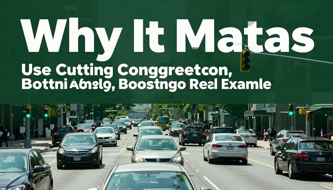 Busy US city street with synchronized traffic lights in green wave, cars flowing smoothly on sunny day, sensors on poles visible.