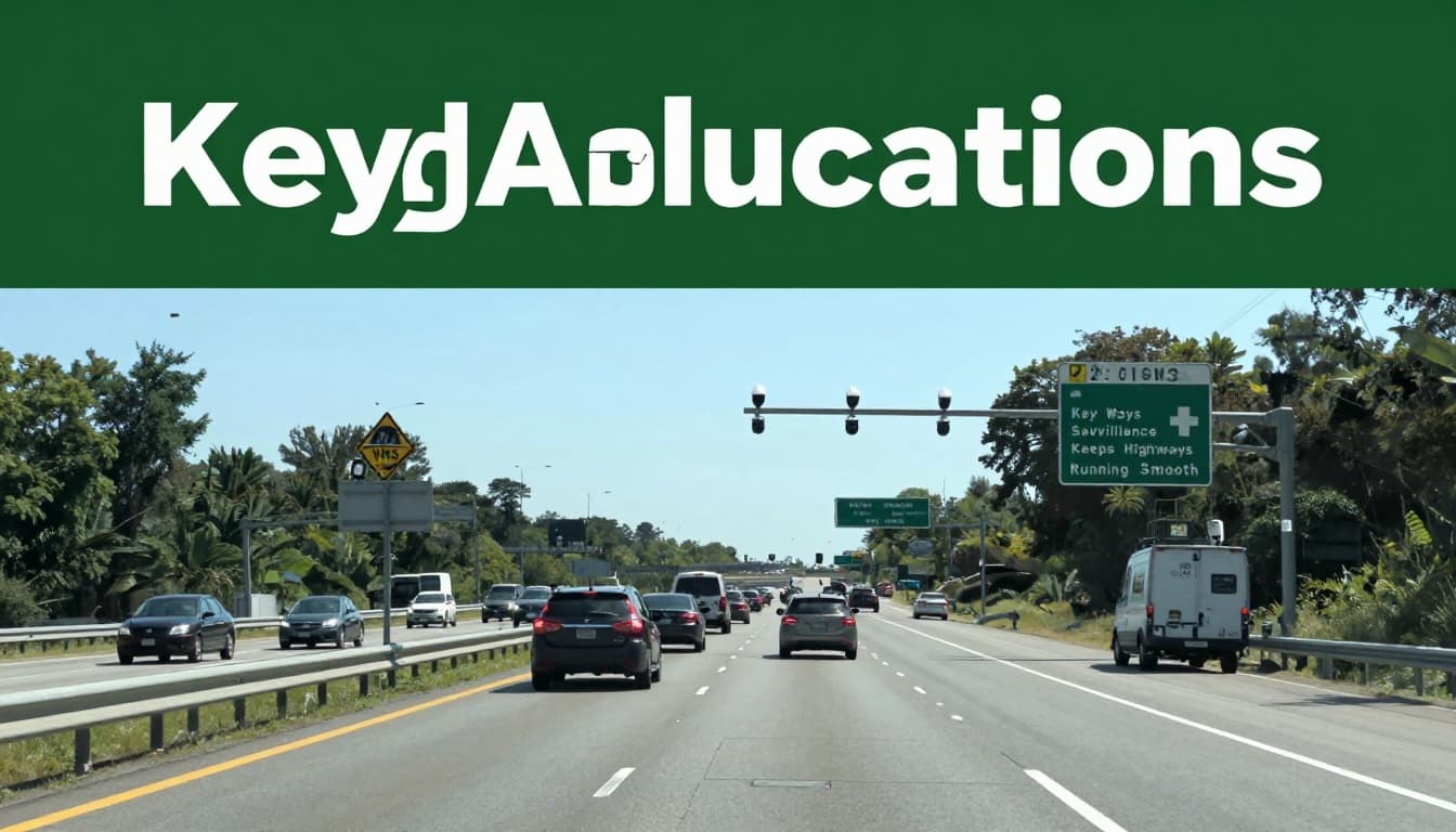 Busy US interstate highway scene with VMS signs warning of congestion and overhead cameras for incident detection, under clear daytime weather. Bold 'Key Applications' headline in title case on a muted dark-green top band, realistic photo style with high contrast focal elements.