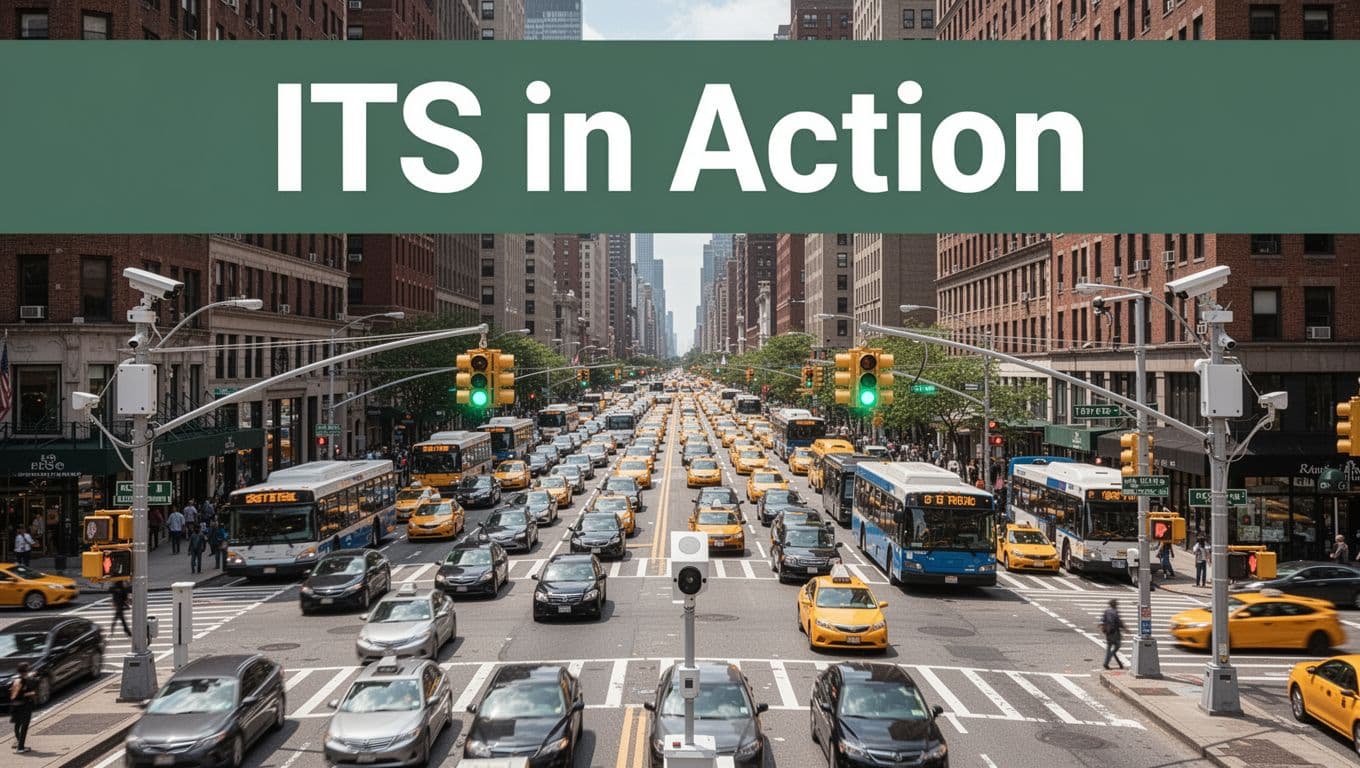 Realistic daytime view of a busy New York City urban street intersection during rush hour, with adaptive traffic lights turning green for smooth flow of cars and buses, monitored by roadside sensors and cameras. Bold 'ITS in Action' headline in clean sans-serif font on a muted dark-green top band, photo-realistic style with natural daylight.