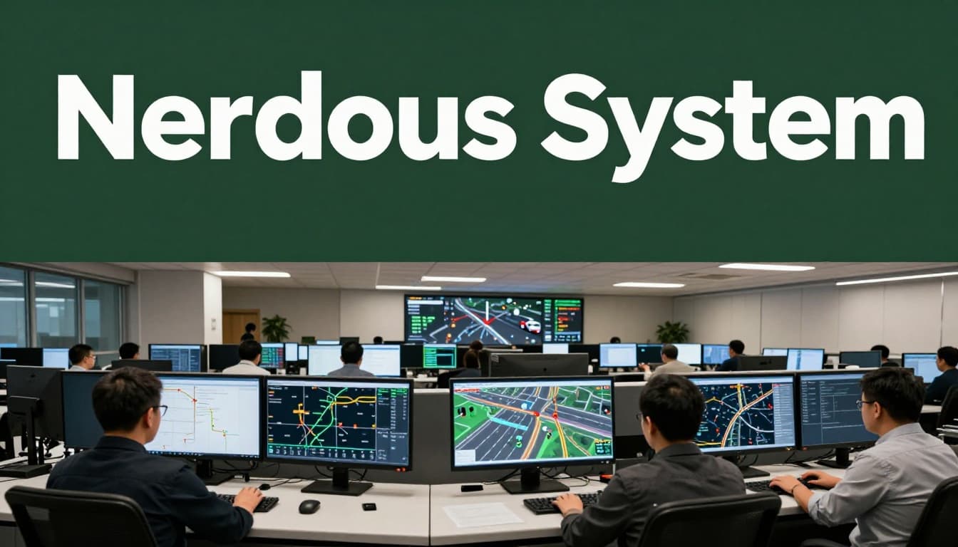 Modern control center with operators monitoring traffic maps and data feeds from wireless networks to traffic lights and vehicles, featuring bold 'Nervous System' headline on muted dark-green band.