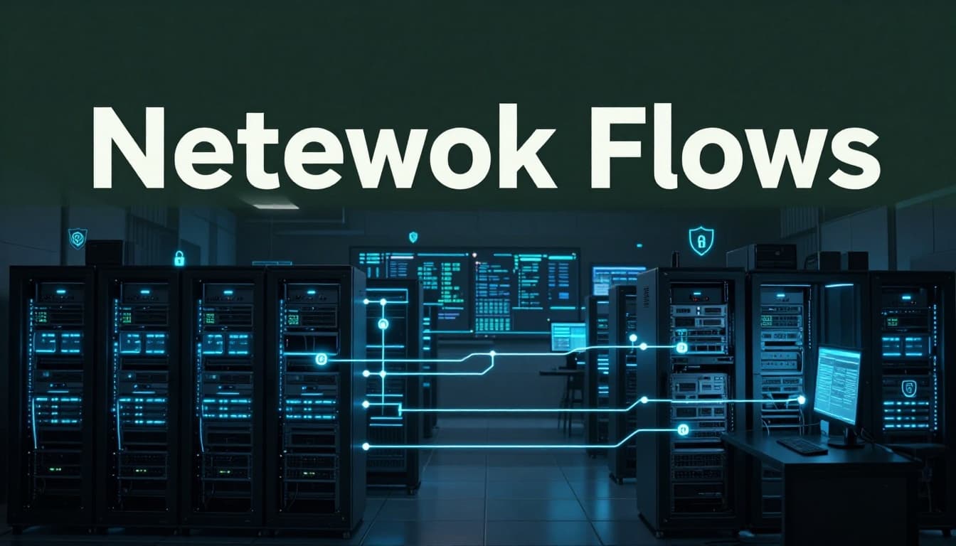 Glowing network data flows connect servers and devices in a dark isometric server room, with a monitoring screen in the background featuring subtle cyber threat icons like locks and shields under dramatic blue lighting.