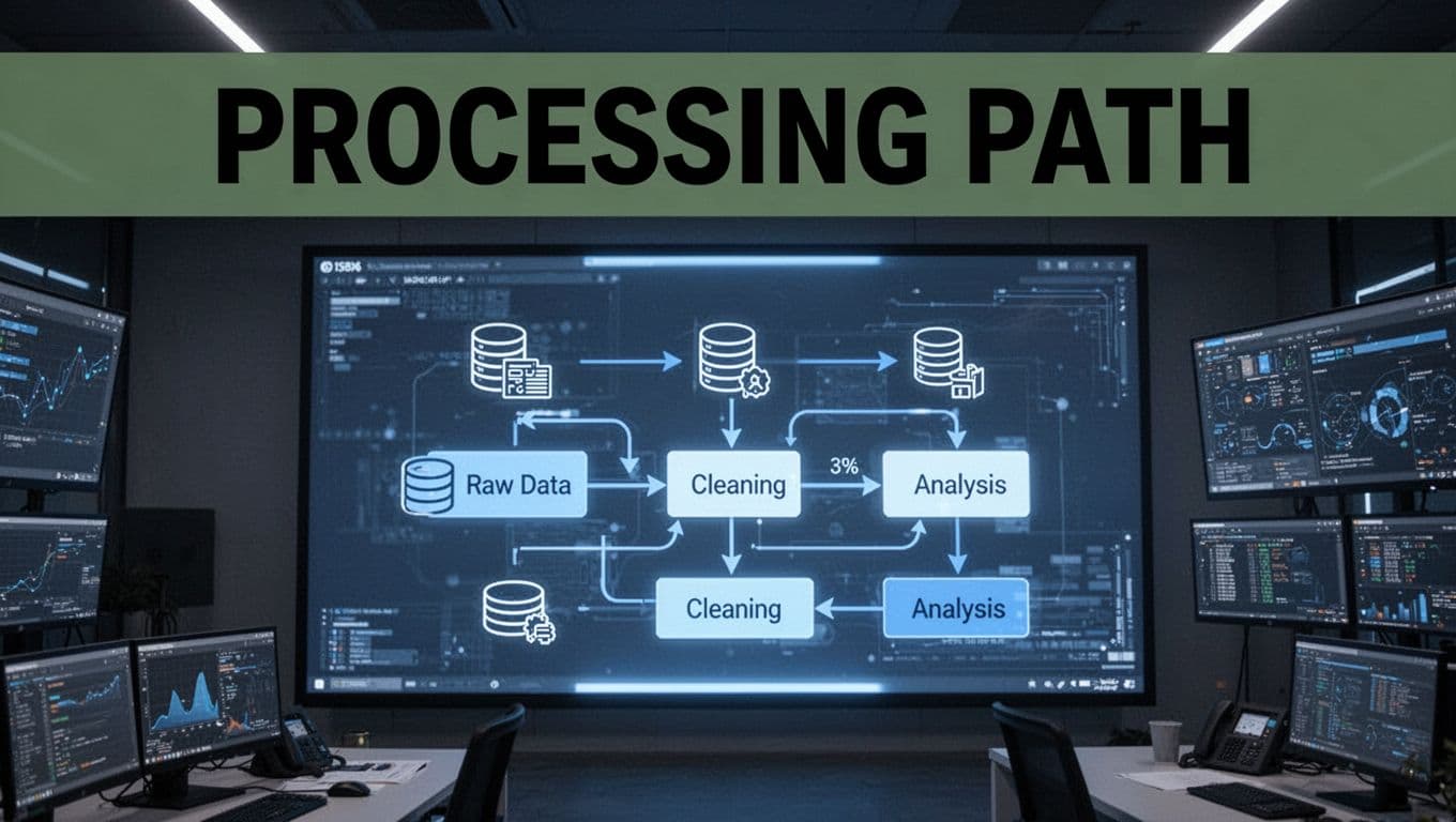 Bold 'Processing Path' headline on a muted dark-green band above a flowchart diagram on a large digital screen in a modern control room, showing raw data flowing into cleaning and analysis steps with arrows and cool blue glow.