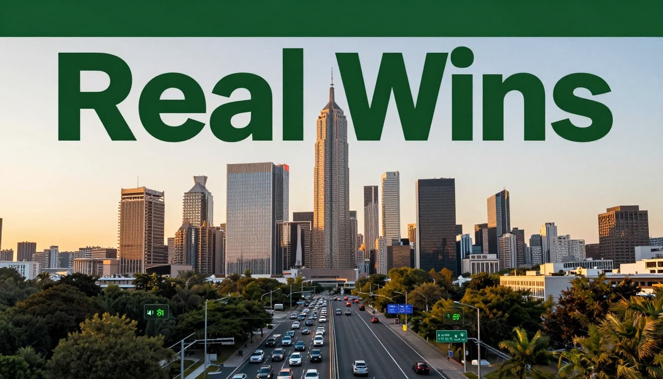 Aerial view of a modern city skyline at dusk with smooth, flowing multi-lane traffic and no congestion, featuring subtle digital overlays of reduced congestion stats under a bold 'Real Wins' headline on a dark-green band.