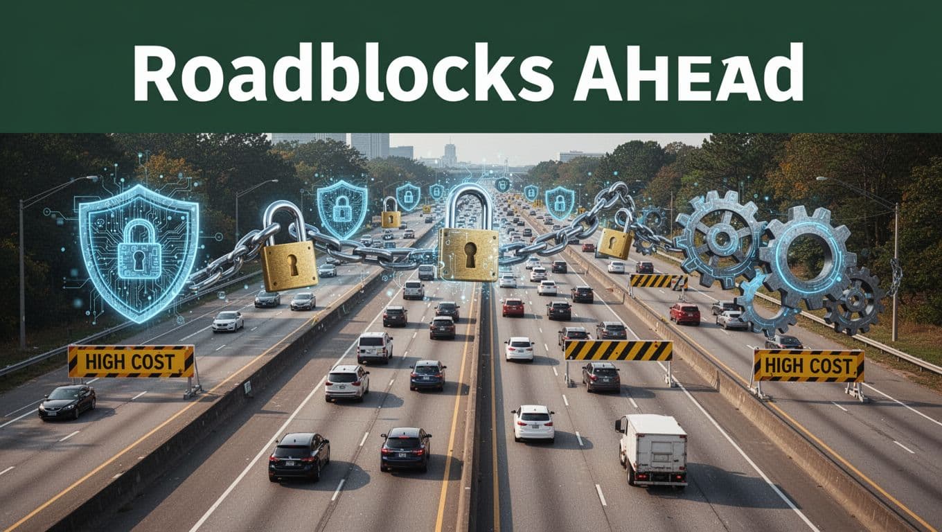Photo-realistic busy US highway during daylight blocked by symbolic roadblocks including cyber shield icons, locked data chains, high cost barriers, and mismatched tech gears, with a clear focal highway below and a bold headline at the top against a muted dark-green band.