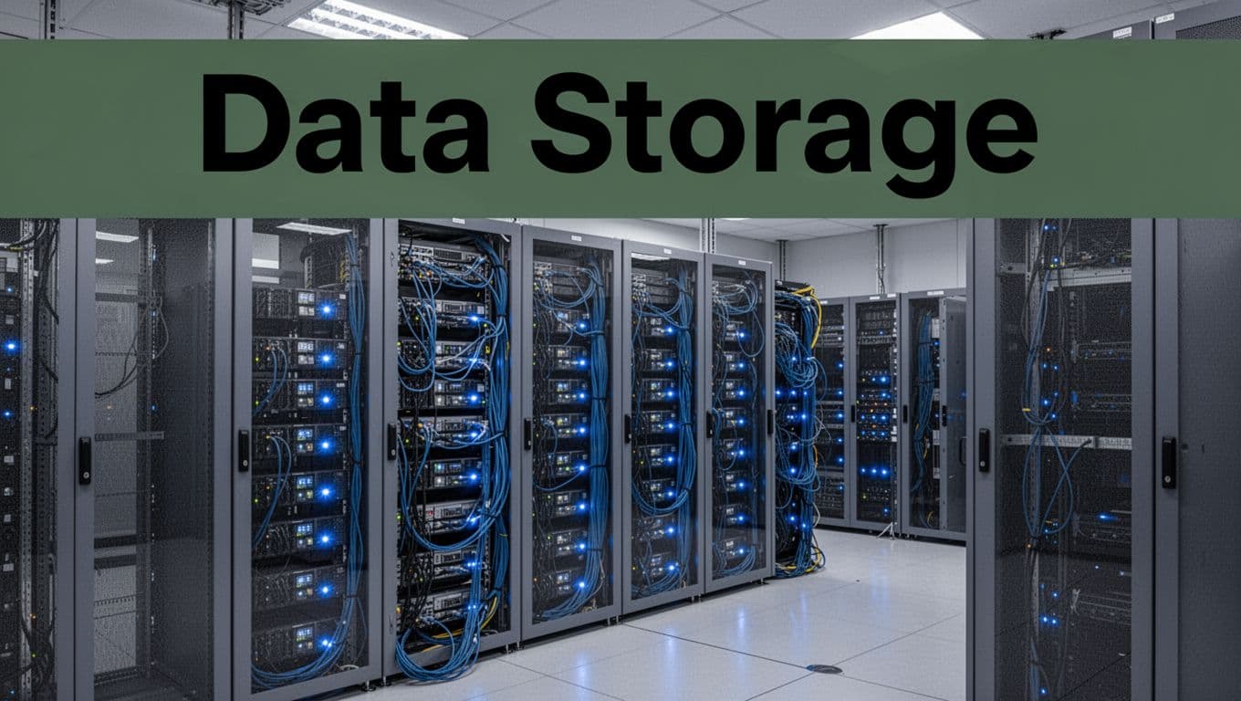 Bold 'Data Storage' headline on a muted dark-green band above organized server racks in a modern data center with glowing blue lights and neatly managed cables.