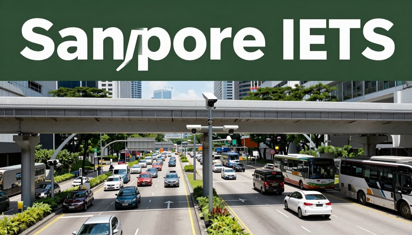 Editorial image with 'Singapore ITS' headline on dark band atop a realistic photo of busy urban road featuring elevated ITS camera on overhead gantry, sensors, and flowing vehicles in sunny daytime cityscape.