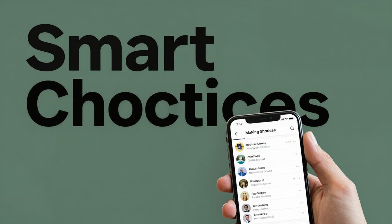 Bold 'Smart Choices' headline on muted dark-green band above a hand holding a smartphone displaying a blurred navigation app with traffic-avoiding route options.