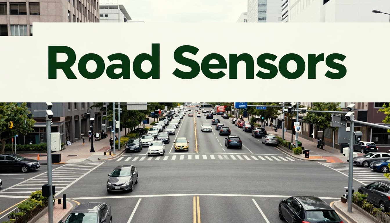 Busy urban road intersection from above with smart cameras and sensors on poles detecting vehicles in smooth and jammed traffic areas, daytime city setting with buildings, realistic photo style with bright natural lighting, featuring a bold 'Road Sensors' headline overlay.