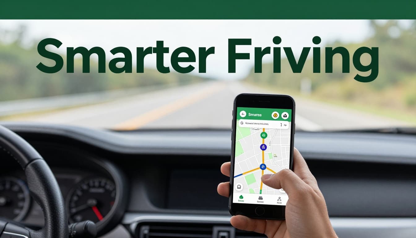 Smartphone mounted on car dashboard displays navigation map with color-coded traffic, alternate routes, and hazard icons like crashes and police; driver's hand loosely holds it, with bold 'Smarter Driving' headline on dark-green band, photorealistic angled view.