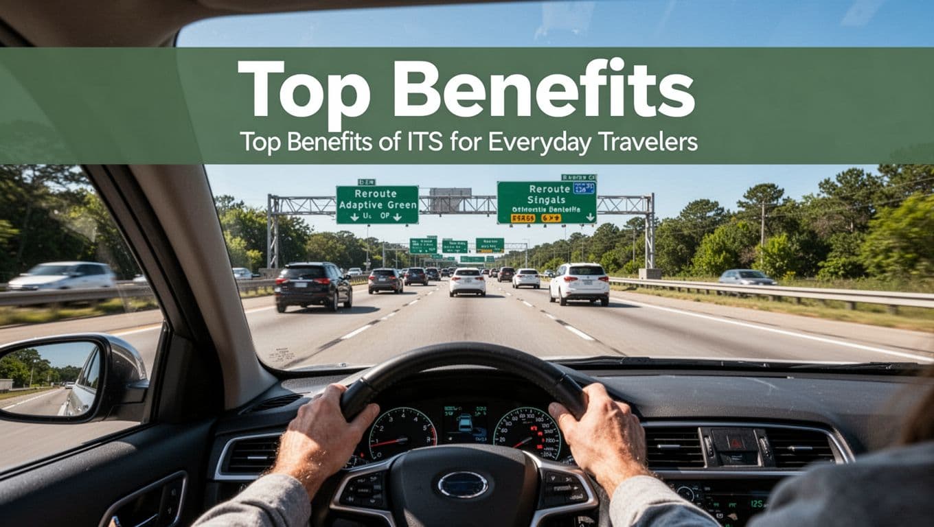Smooth highway traffic with adaptive green signals and distant reroute signs, with relaxed hands on the wheel in the foreground.