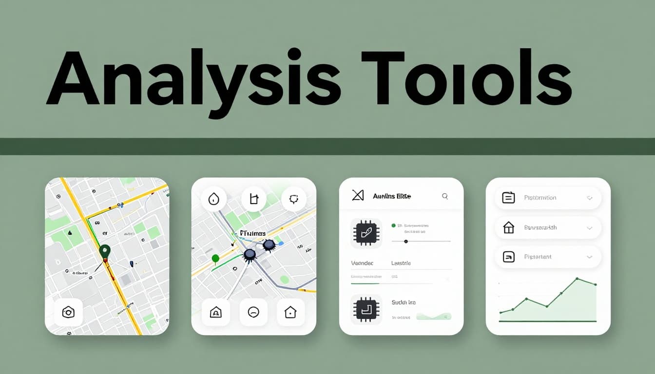 Photorealistic overhead view of a minimalist tech workbench displaying four distinct digital tool icons for traffic analysis, including maps, graphs, and AI chips, under bright even lighting. Features a bold 'Analysis Tools' headline in geometric sans-serif typography with a muted dark-green band behind it.