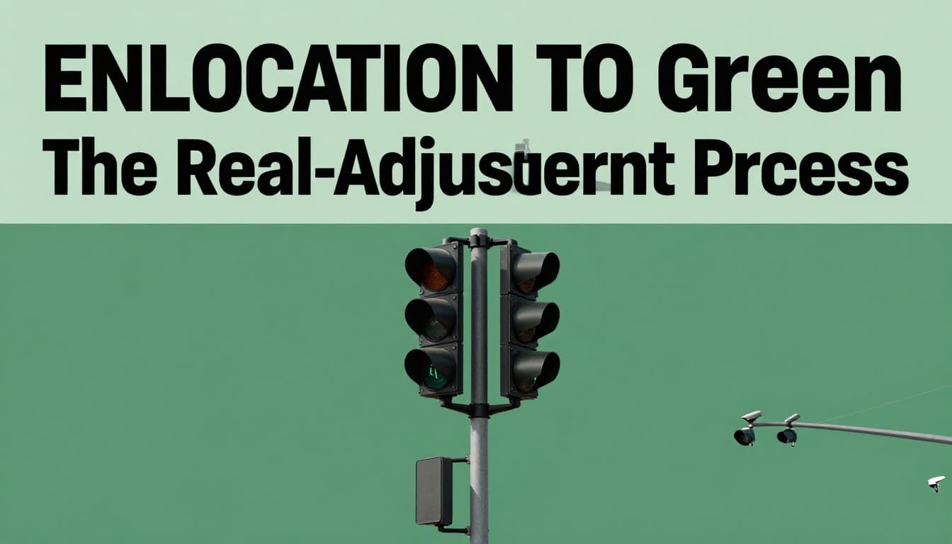 Technical illustration of a traffic signal controller cabinet at an intersection, with wires connecting to road sensors and pole cameras, data flow arrows showing information directing to traffic lights under an overcast sky.