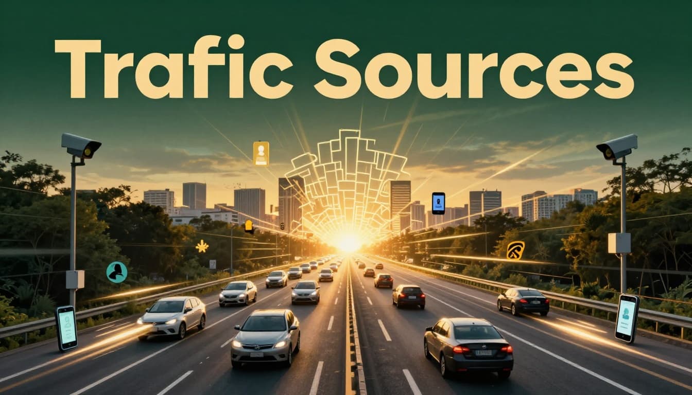 Smartphone icons emitting speed lines, roadside radar sensors on highway poles, and user report icons like crash symbols dynamically converge toward a central glowing city map on a busy urban highway at golden hour. Bold 'Traffic Sources' headline in Title Case sans-serif font spans a muted dark-green band near the top, in high-contrast illustrative style.