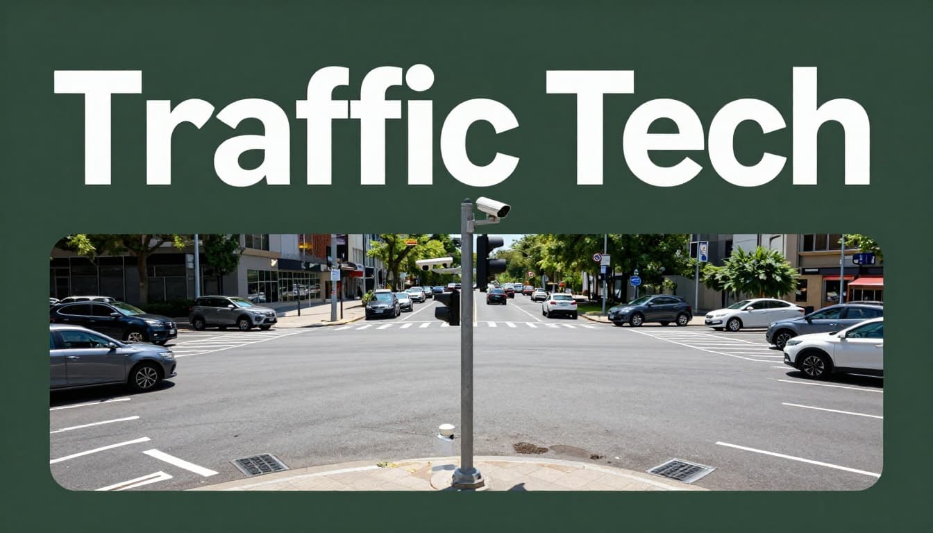 Editorial image with 'Traffic Tech' headline on dark-green band atop a realistic photo of an urban street intersection featuring AI surveillance camera on traffic light pole, inductive loop sensors, radar sensor, and smooth driving cars.
