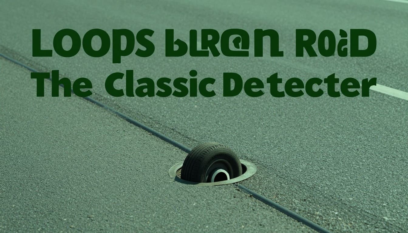 Close-up of urban road pavement with cutouts revealing embedded inductive loop wires and a single car tire positioned over the loop, in realistic daytime photographic style with subtle shadows.