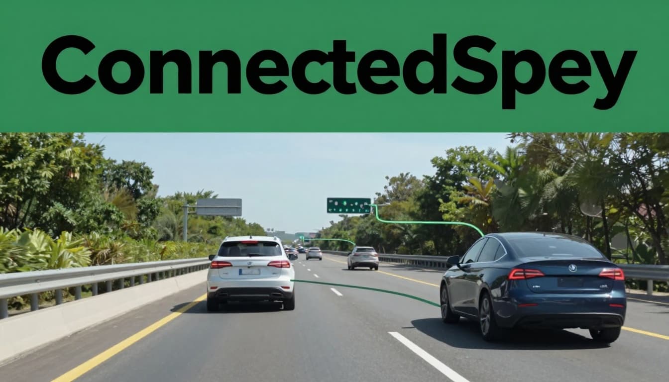 Two modern cars on a highway during traffic slowdown exchange V2X safety signals wirelessly with subtle digital wave lines connecting them, photorealistic overhead view in bright sunlight.