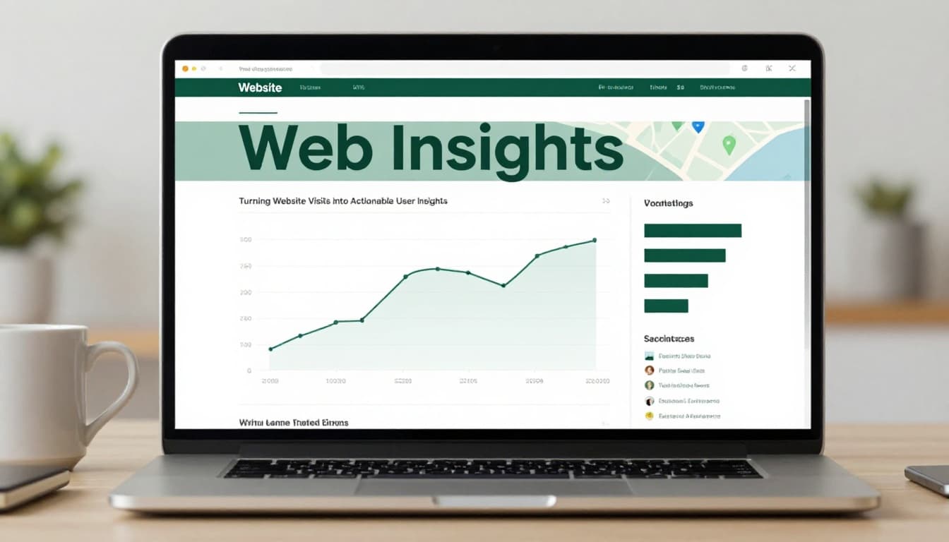 Website dashboard on a laptop screen displaying traffic graphs, user flow funnels, and visitor maps in a modern office desk setup with coffee mug, realistic style with soft lighting and bold 'Web Insights' headline.